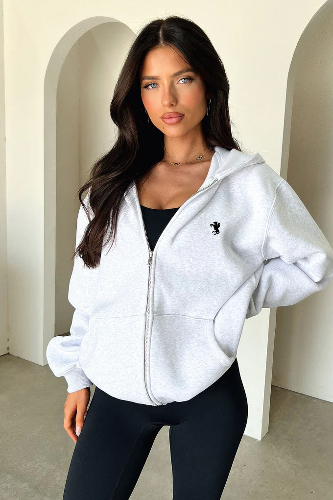 Damen lässiger Zip-Hoodie mit praktischen Taschen und elastischen Bündchen Drune