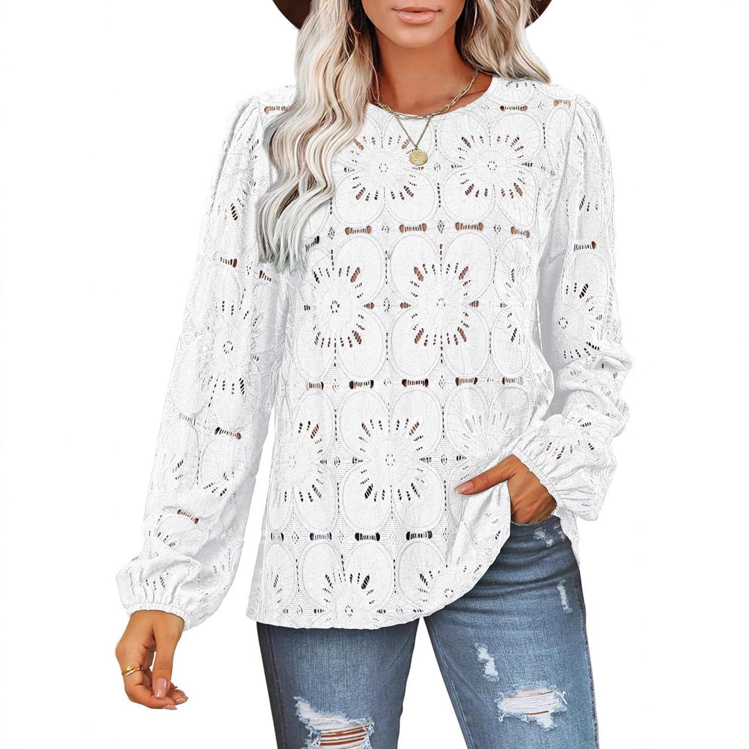 Damen Spitzenbluse mit floralen Details und eleganten Puffärmeln Drune