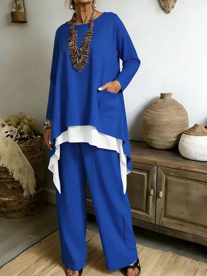 Damen lässiges Ensemble aus asymmetrischem Oberteil und weitem Hosen Drune