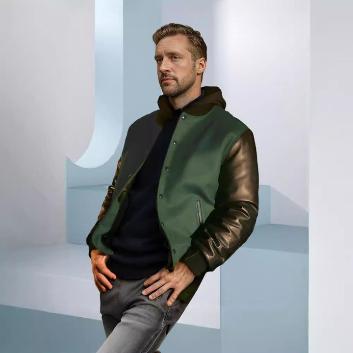 Herren sportliche Collegejacke mit Lederärmeln Drune