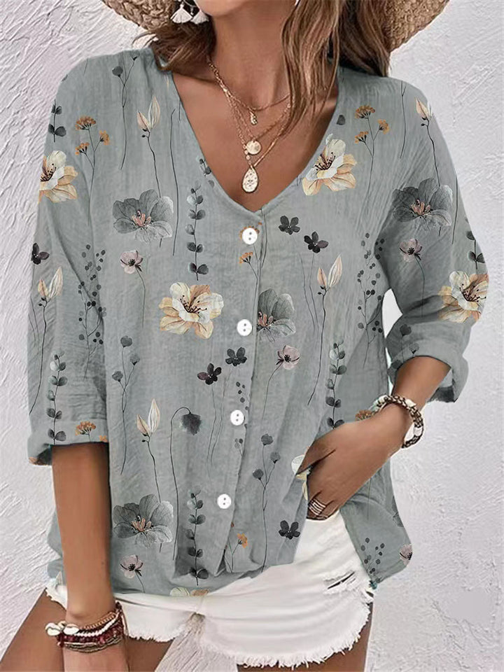 Damen Bluse mit floralem Druck und modernem Knopfdesign Drune
