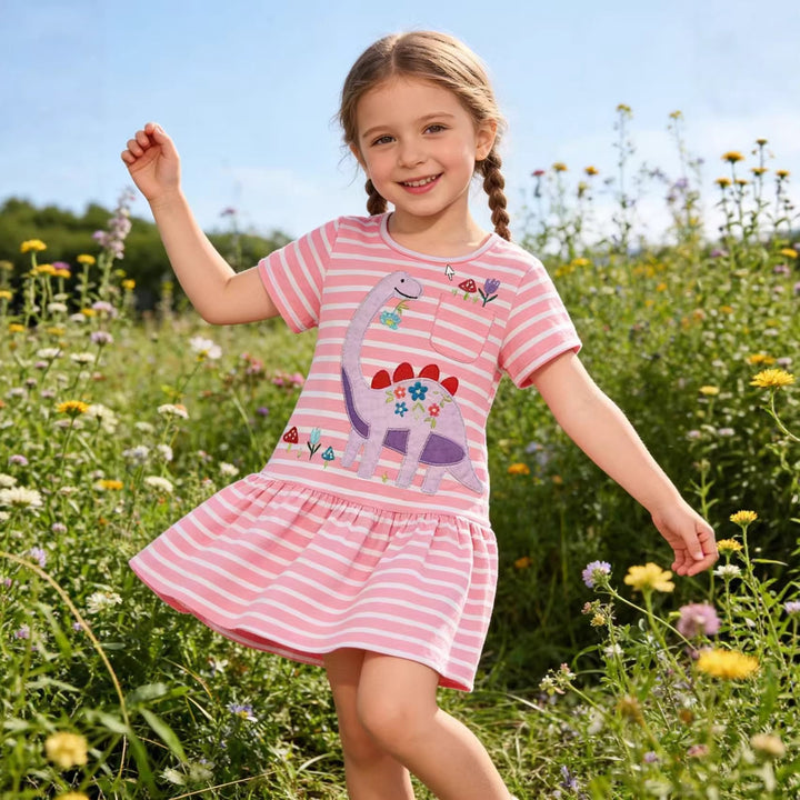 Mädchen Freizeitkleid mit verspieltem Dinosaurier-Motiv und Rüschensaum Drune