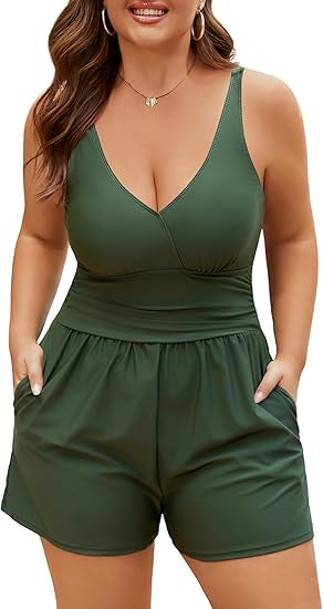 Damen Playsuit mit tiefem V-Ausschnitt und seitlichen Taschen Drune