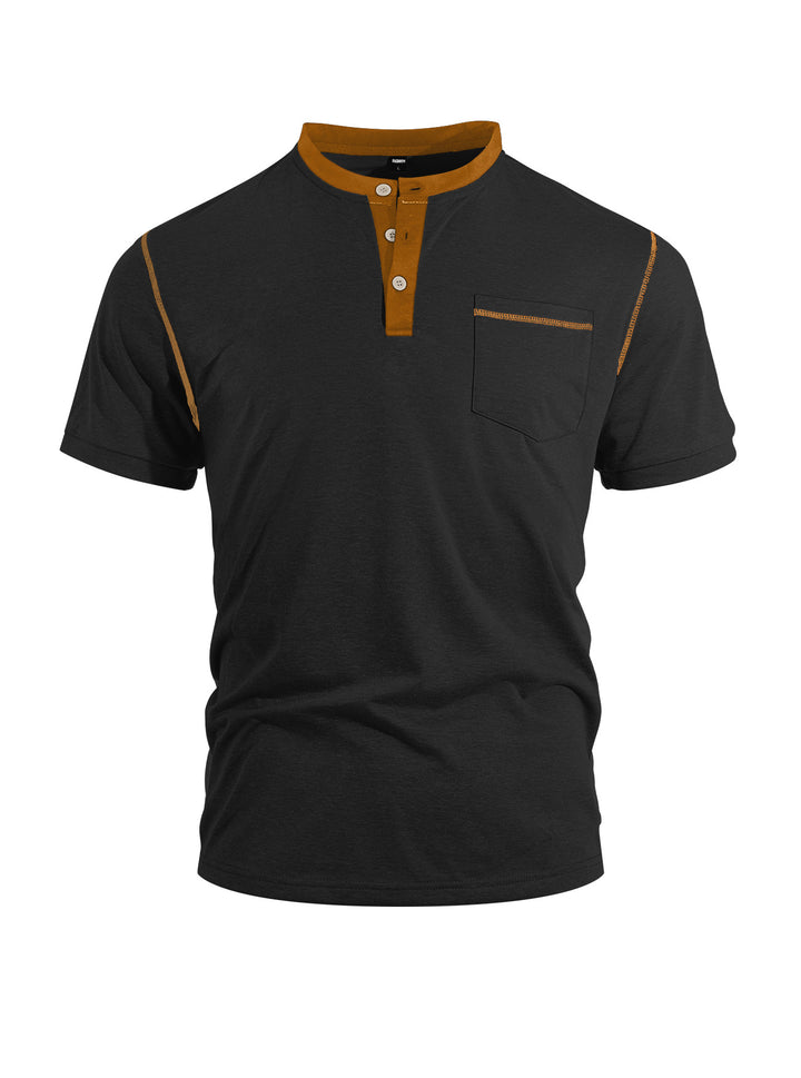 Herren nan legeres Kurzarm-Bandkragenshirt mit Knopfleiste Brusttasche und Flatlocknähten Drune
