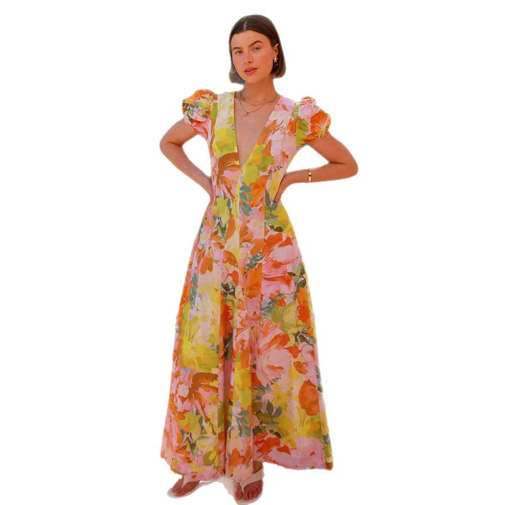 Damen Maxikleid mit tiefem V-Ausschnitt und voluminösen Ärmeln Drune