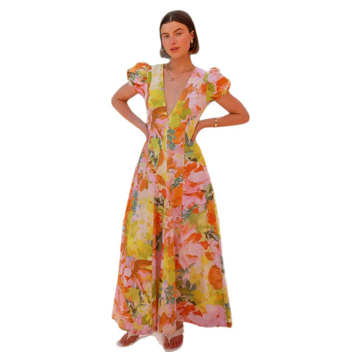 Damen Maxikleid mit tiefem V-Ausschnitt und voluminösen Ärmeln Drune