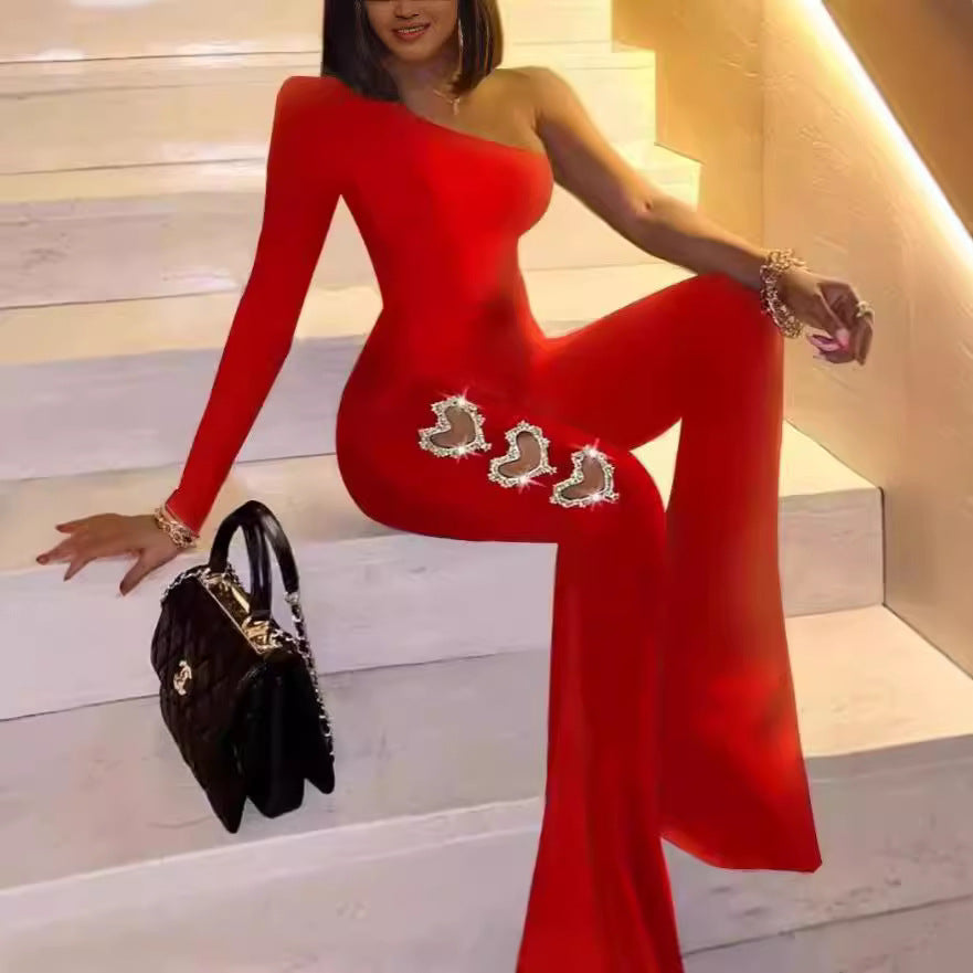 Damen Elegantes einseitiges Flare-Jumpsuit mit dekorativen Verzierungen Drune