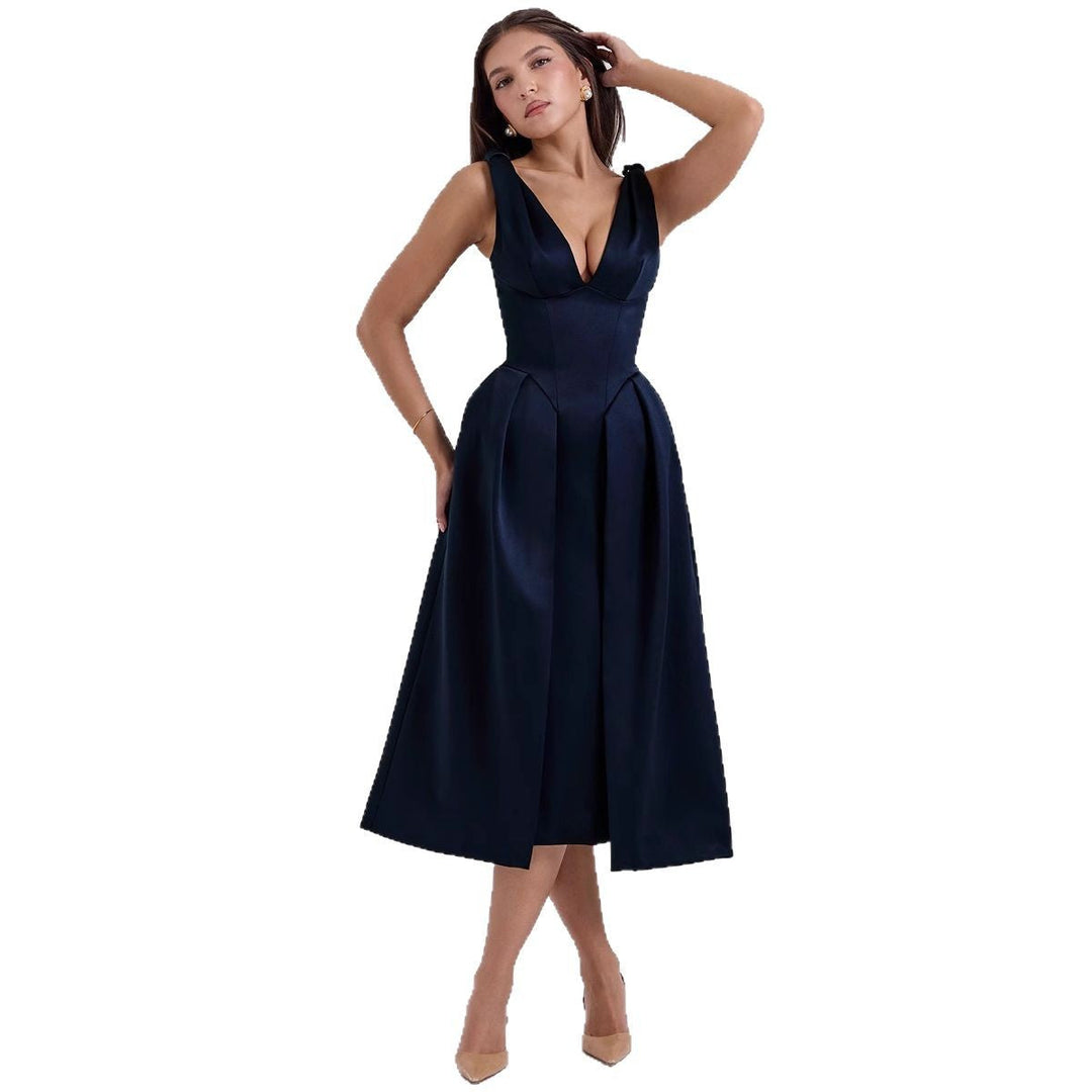 Damen Maxikleid mit elegantem V-Ausschnitt und strukturiertem Rock Drune