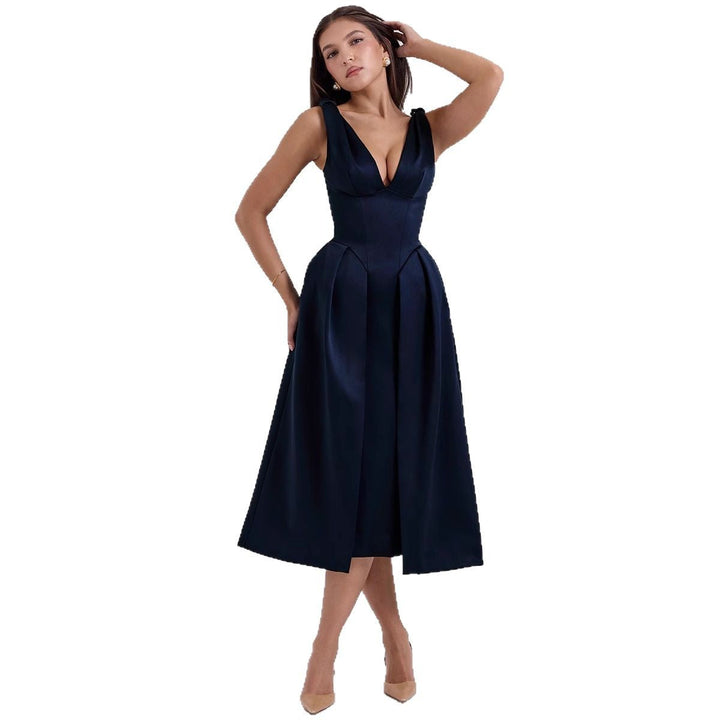 Damen Maxikleid mit elegantem V-Ausschnitt und strukturiertem Rock Drune