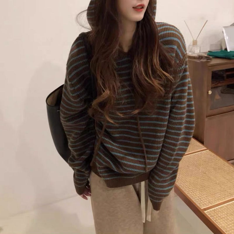 Damen Gemütlicher Kapuzenpullover mit Streifenmuster Drune