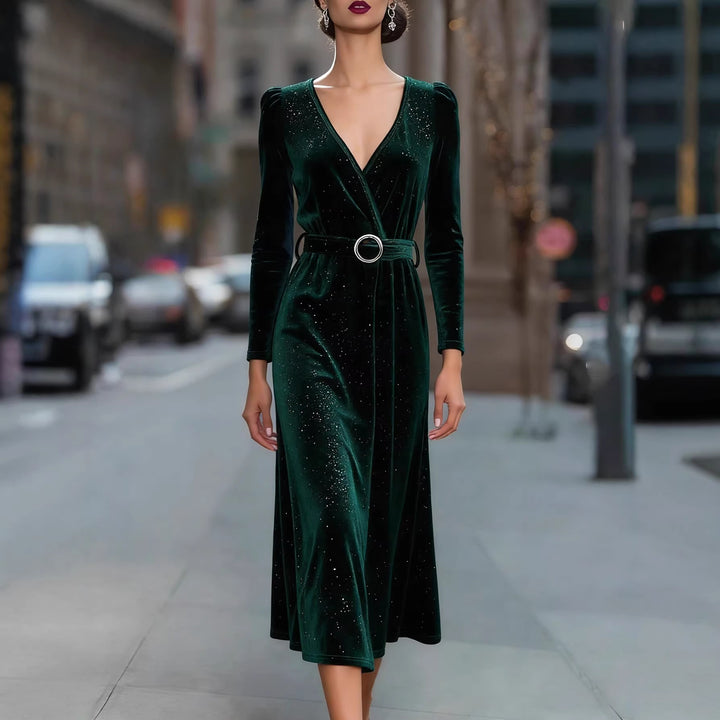 Damen Midikleid aus samtartigem Material mit funkelnden Akzenten und eleganter Taillierung Drune