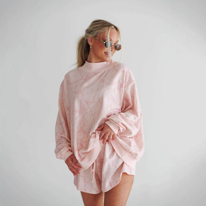 Damen lässiges Oversized-Sweatshirt mit hohem Kragen und kurzen Shorts Drune