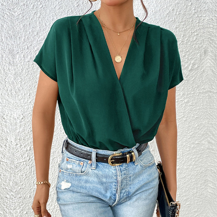 Damen Wickel-Bodysuit mit V-Ausschnitt und eleganten Puffärmeln Drune