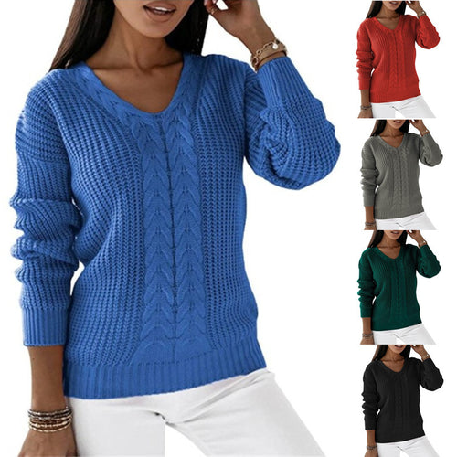 Damen nan grob gestrickter V-Ausschnitt Pullover mit Zopfmuster und lockerer Silhouette Drune