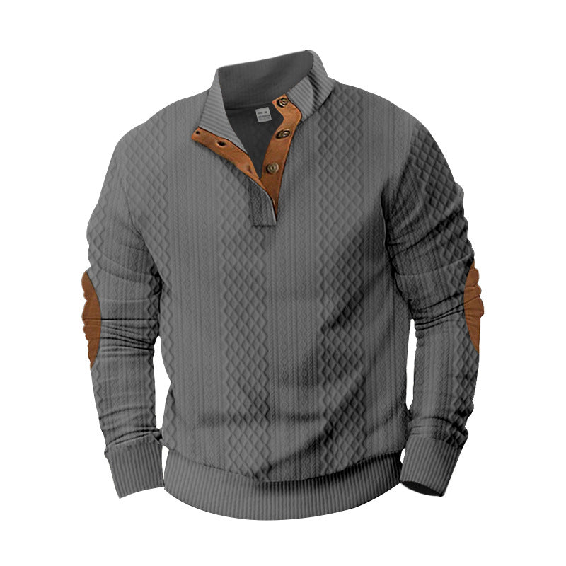 Herren nan strukturierter Henley-Pullover mit Stehkragen, Knopfleiste und Lederoptik-Ellbogenbesatz Drune