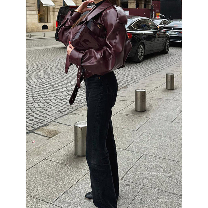 Damen modische Kunstlederjacke mit voluminösen Ärmeln Drune