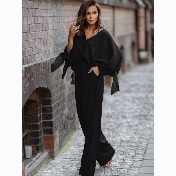 Damen Eleganter Jumpsuit mit weiten Ärmeln und schmalem Taillengürtel Drune