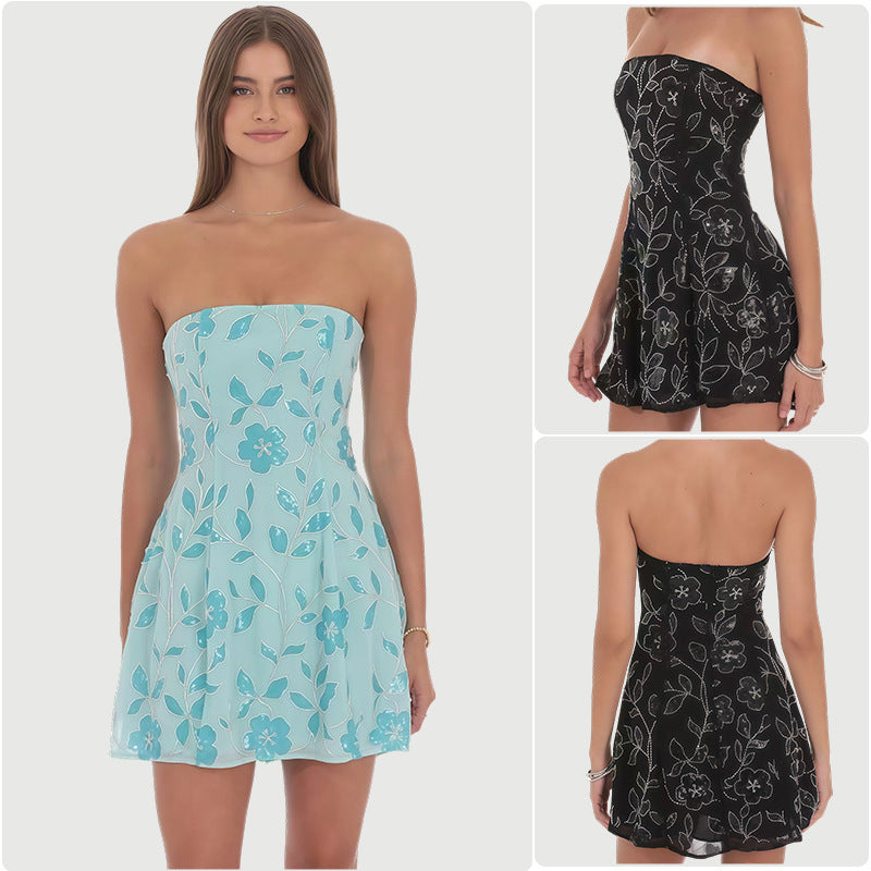 Damen Freizeitkleid mit floralem Aufdruck und schulterfreiem Design Drune