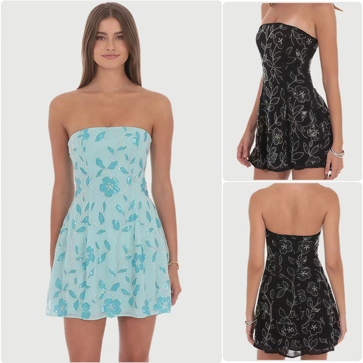 Damen Freizeitkleid mit floralem Aufdruck und schulterfreiem Design Drune