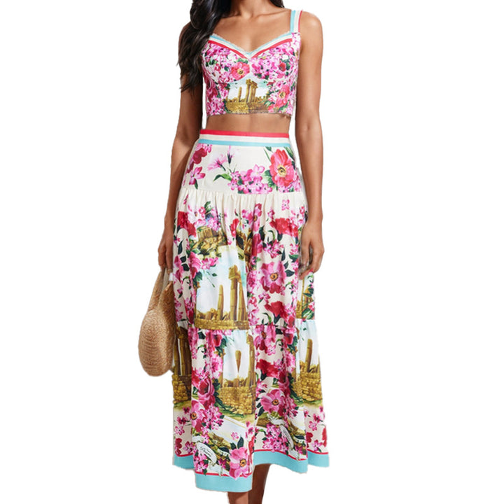 Damen Zweiteiliges Sommeroutfit mit floralem Bustier und schwingendem Rock Drune