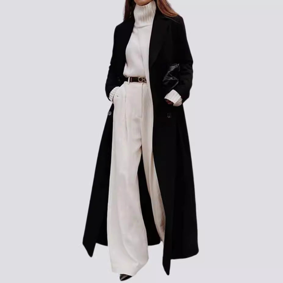 Damen klassischer Maxi-Mantel mit eleganten Falten und Taschen Drune