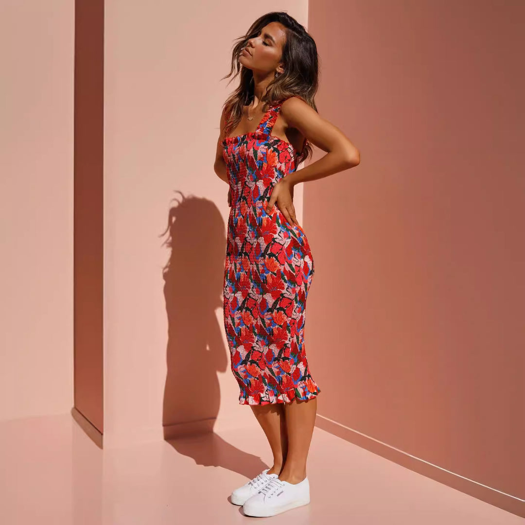 Damen Figurbetontes Blumenkleid mit Rüschensaum Drune