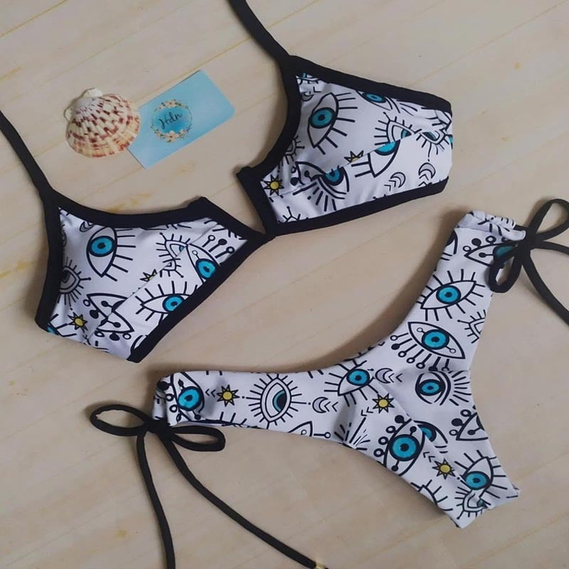 Damen Triangel-Bikini-Set mit einzigartigem Augenmuster Drune