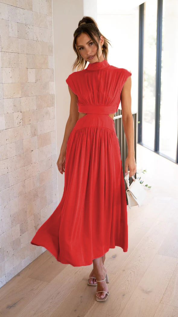 Damen elegantes Maxikleid mit hohem Kragen und seitlichen Cut-Outs Drune