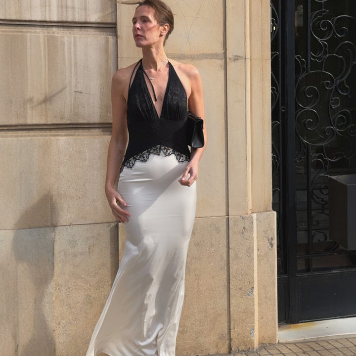 Damen Schickes Maxikleid mit Spitzenoberteil und V-Ausschnitt Drune