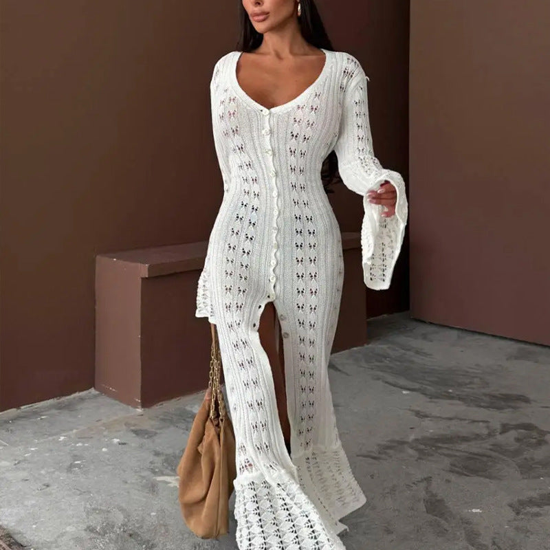 Damen Strickmaxikleid mit nostalgischem Lochmuster und elegantem V-Ausschnitt Drune