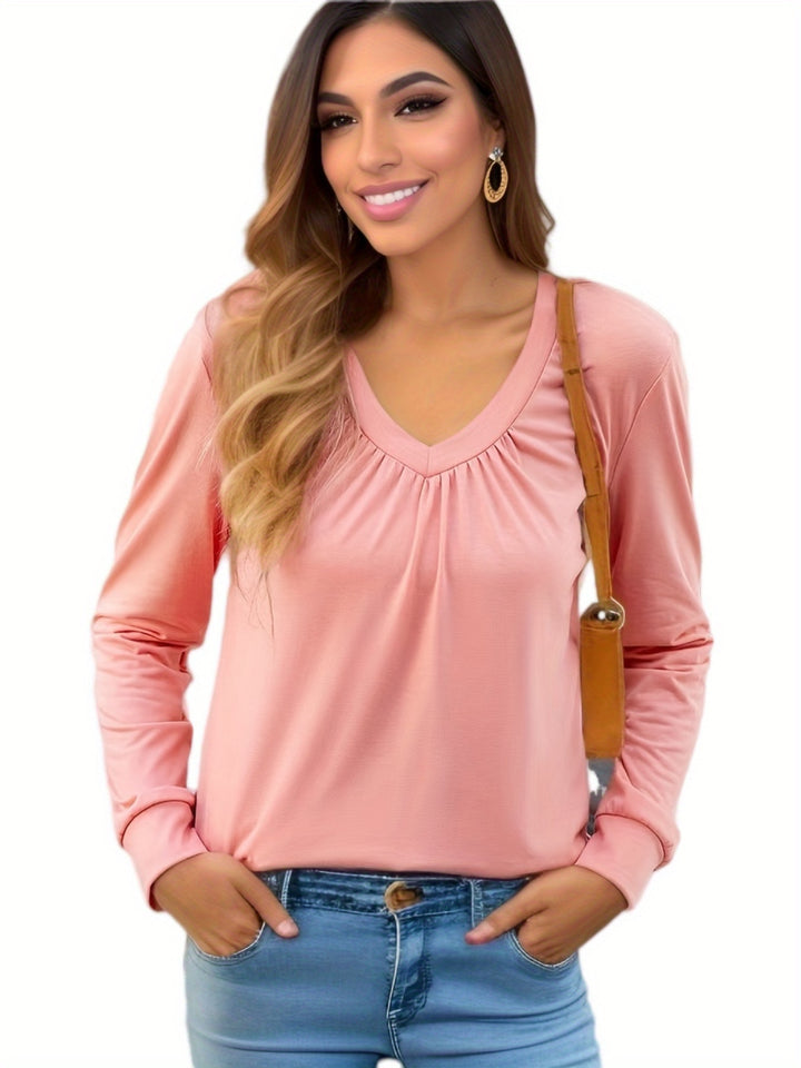 Damen V-Ausschnitt Langarmshirt mit geschmackvollem Faltenwurf und lässiger Passform Drune