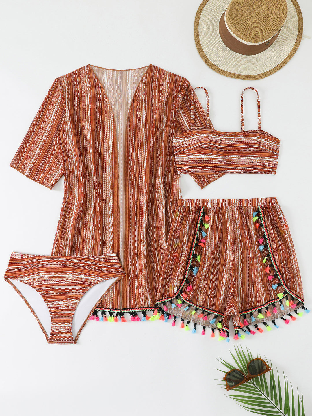 Damen Bikiniset mit trendigem Strandkimono und bunten Quasten Drune