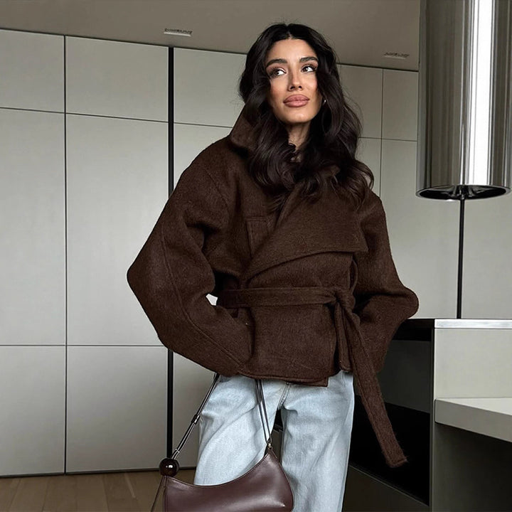 Damen elegante Oversized-Wolljacke mit Gürtel Drune