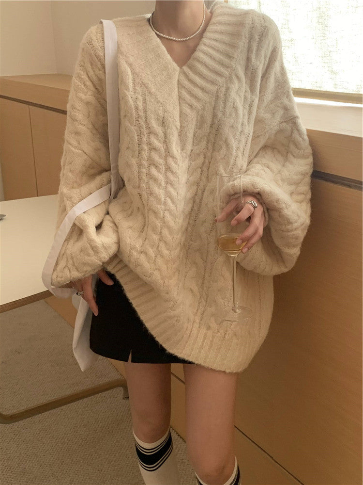 Damen Strickpullover mit strukturiertem Kabelmuster und voluminösen Ärmeln Drune