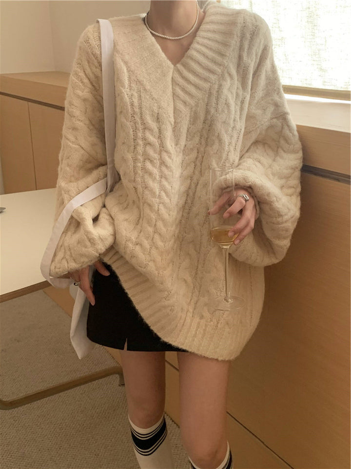 Damen Strickpullover mit strukturiertem Kabelmuster und voluminösen Ärmeln Drune