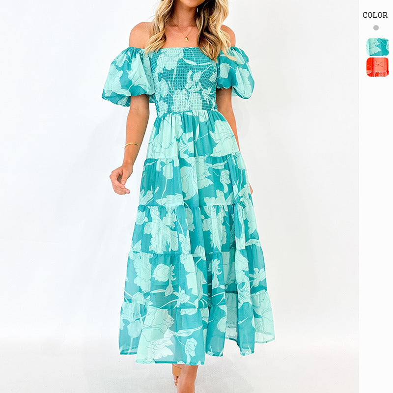 Damen Maxikleid mit Puffärmeln und floralem Design Drune
