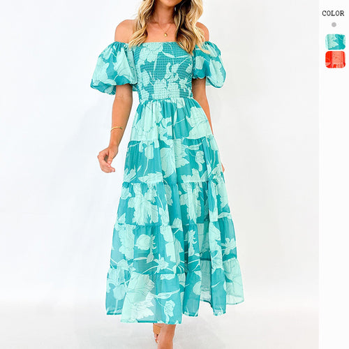 Damen Maxikleid mit Puffärmeln und floralem Design Drune