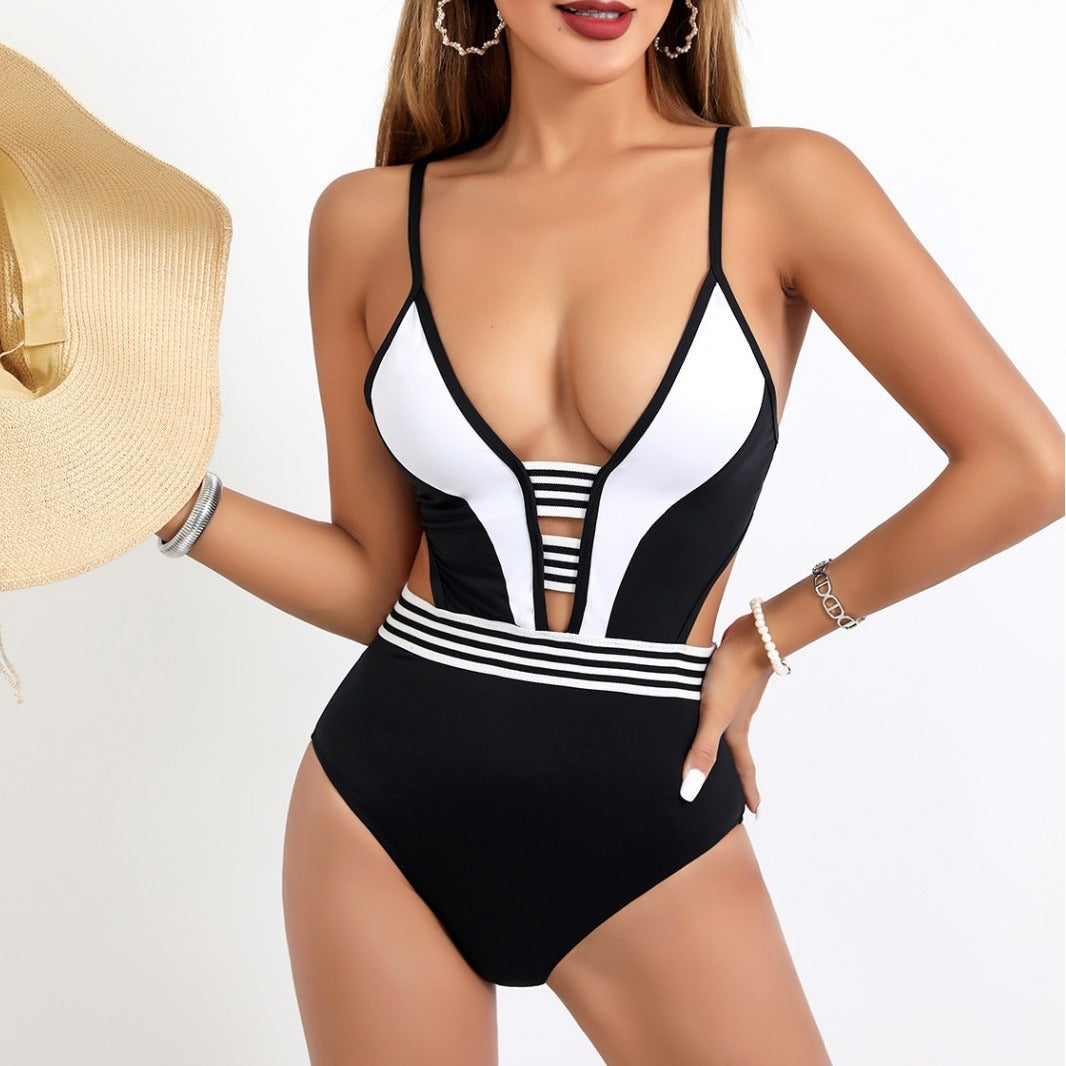 Damen Sportlicher Einteiler Badeanzug mit tiefem V-Ausschnitt und seitlichen Cut-Outs Drune