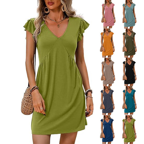 Damen V-Ausschnitt Sommerkleid mit Rüschenelementen Drune