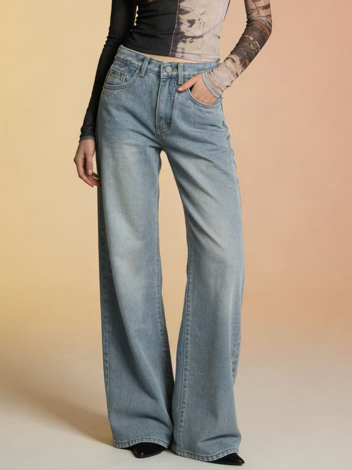 Damen weite Denim-Hose mit Vintage-Waschung und hoch geschnittenem Bund Drune
