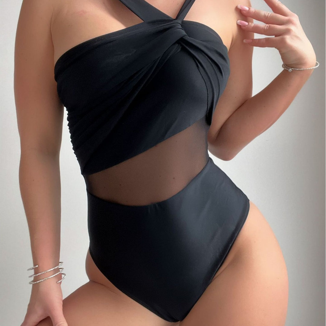 Damen Eleganter Einteiler Badeanzug mit Modernem Stoffmix Drune
