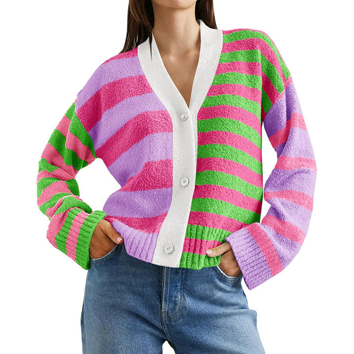 Damen Gemusterte Strickjacke mit farbenfrohem Streifenmuster und Knopfdetails Drune