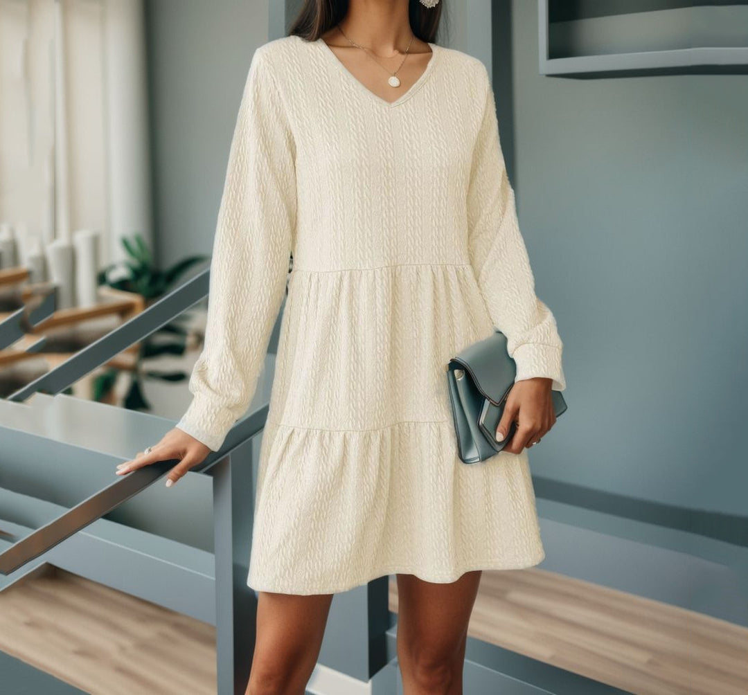 Damen lässiges V-Ausschnitt Kleid mit voluminösem Saum und langen Ärmeln Drune
