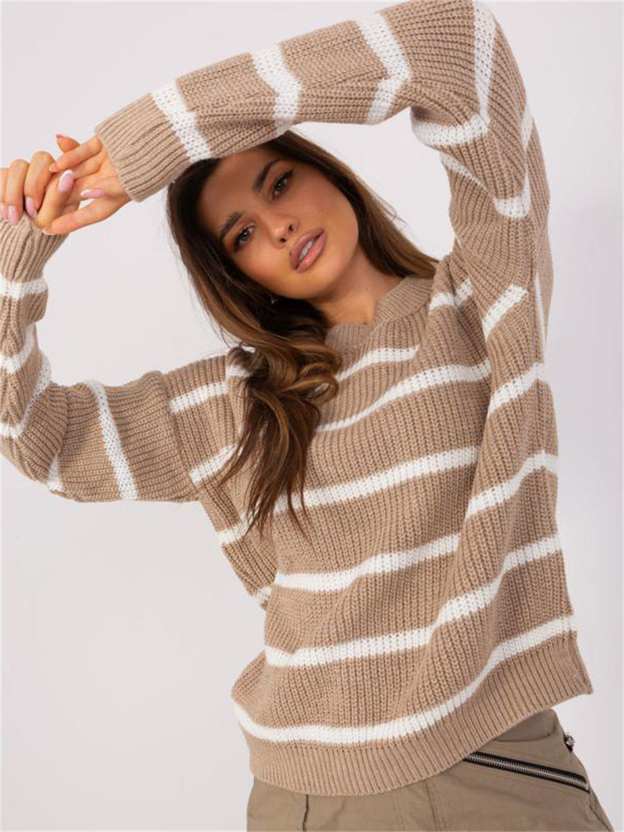 Damen Grobstrickpullover mit lässigem Streifenmuster und rundem Halsausschnitt Drune
