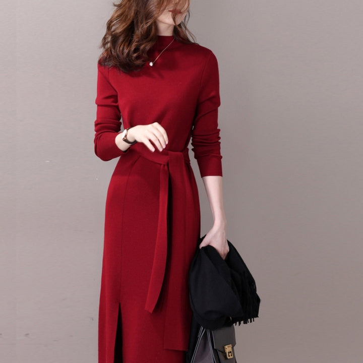 Damen elegantes Wickelkleid mit tiefem V-Ausschnitt und seitlichem Schlitz Drune