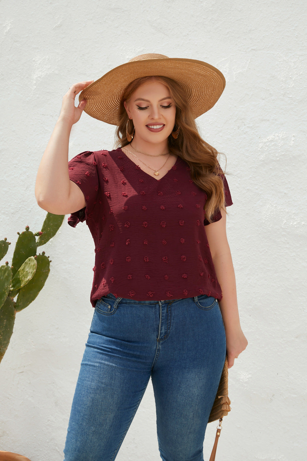 Damen Leichtes V-Ausschnitt T-Shirt mit strukturiertem Design Drune
