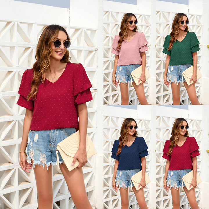 Damen Blusenshirt mit apartem Häkelkragen und modischen Puffärmeln Drune