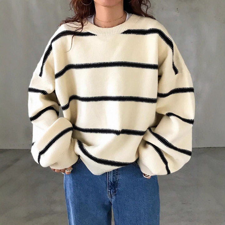 Damen Modischer Oversized-Pullover mit Streifenmuster und weitem Schnitt Drune