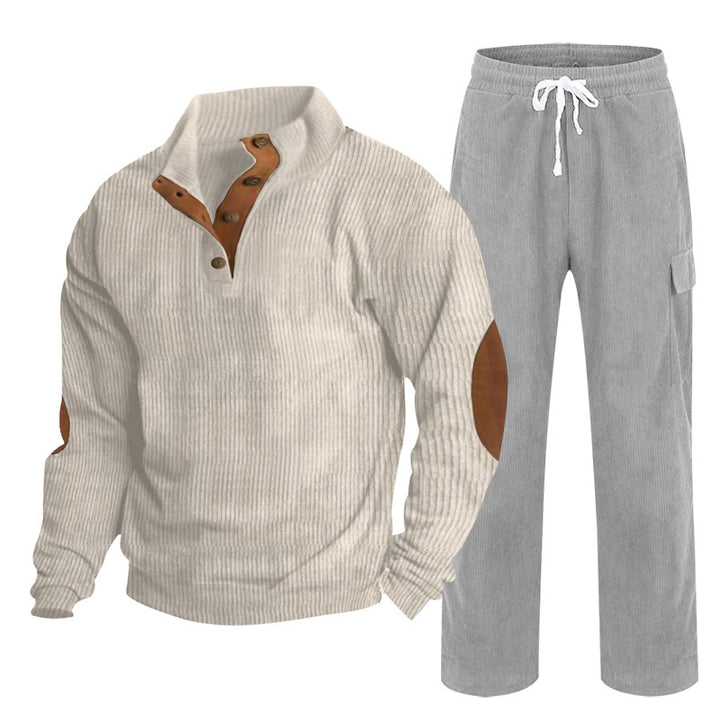 Herren nan Strick-Freizeitset mit Knopfleiste und Ellenbogenaufnähern sowie Cord-Cargohose Drune