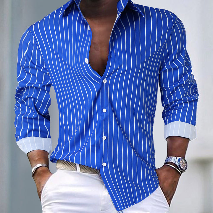 Herren gestreifte Hemdbluse mit tiefem V-Ausschnitt und eleganter Knopfdetails Drune